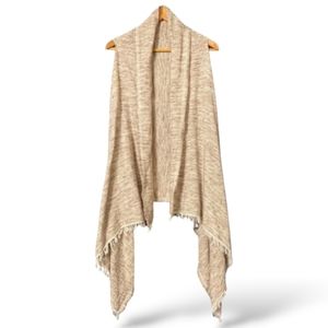 Woman's Tan Boho Sleeveless Open Front Vest,Hi Low Hem,Fringe,Small